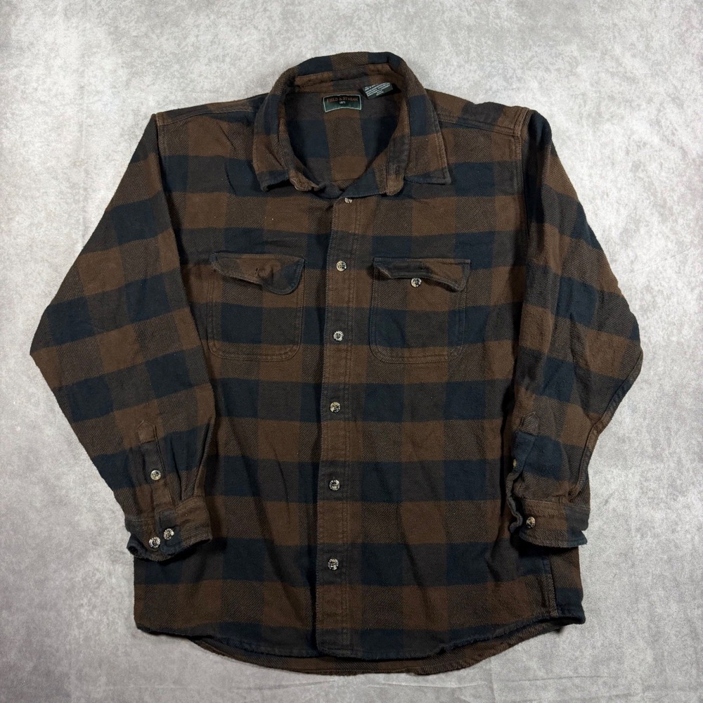 Field & Stream Mens XL Flannel Shirt Brown Black Buffalo Plaid Cotton Button Up
